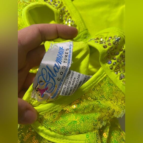 Glamour solo dance costume neon green yellow rhinestone embellished leotard SA - Picture 11 of 13